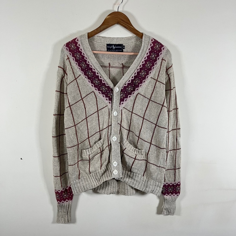 Vintage Ralph Lauren Plaid Button Up Knit Cardigan Sweater Linen Floral Medium